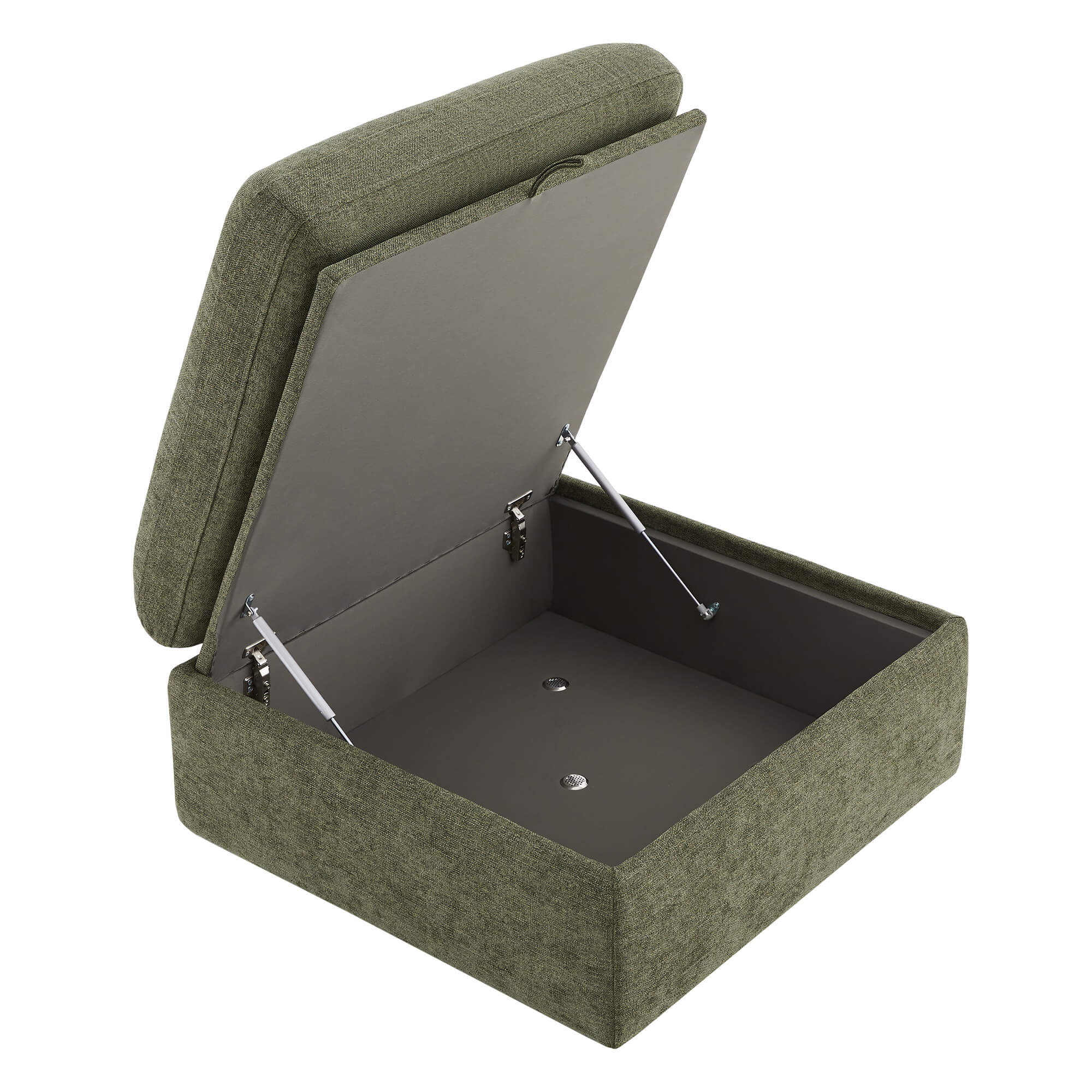 Delaney green ottoman with hinged top, offering hidden storage for modern living spaces - CHITA Living