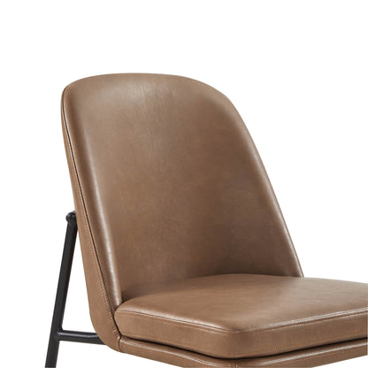 Golda Dining Chair, brown leather with black metal legs, close-up of backrest on a white background.