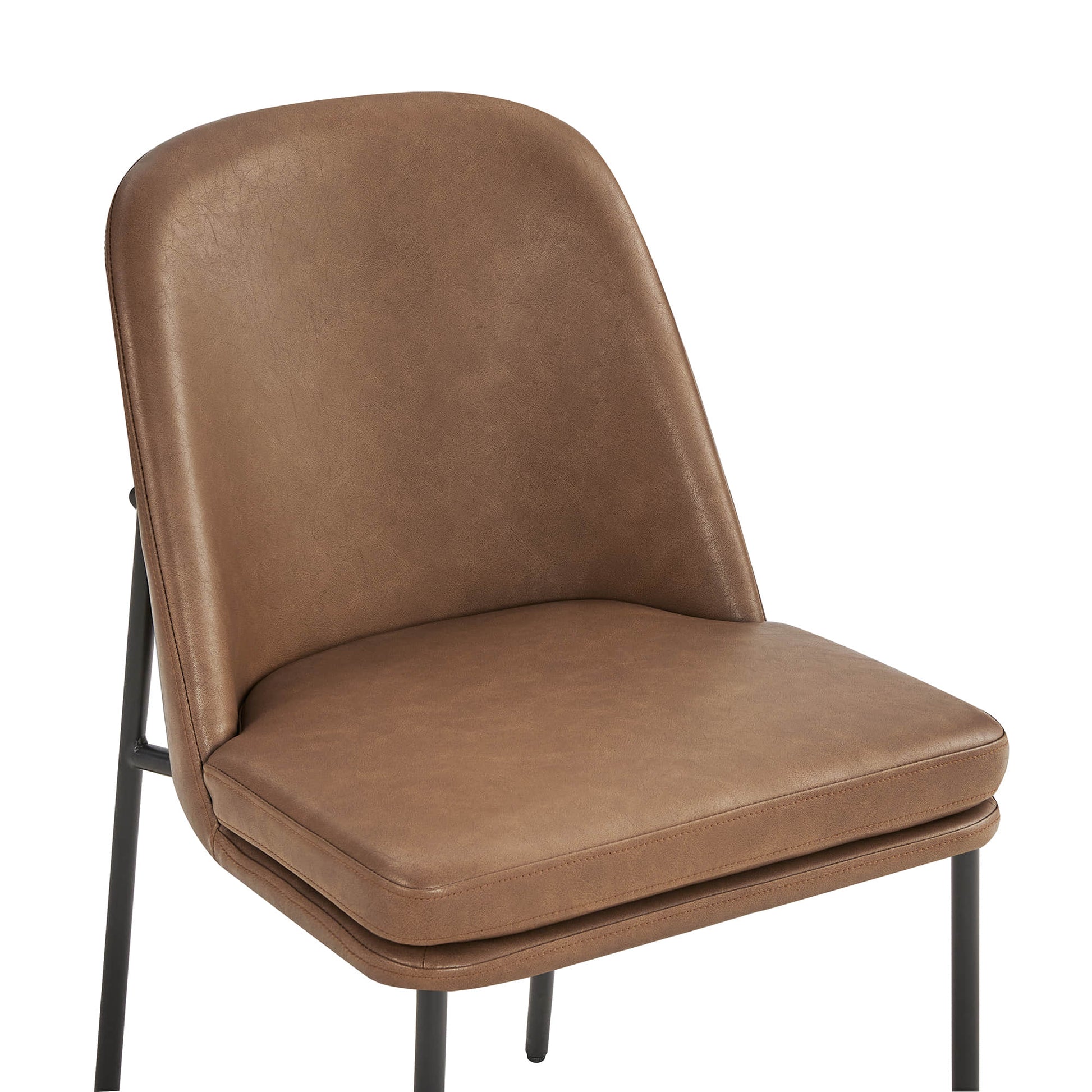 Golda Dining Chair, brown leather with black metal legs, front view on a white background.