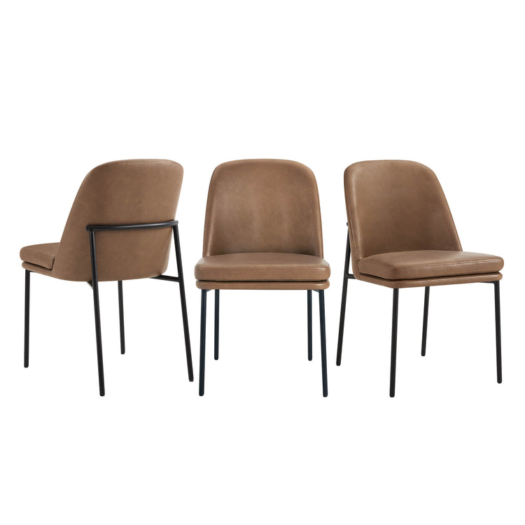 Golda Dining Chair, brown leather with black metal legs, three chairs in varying angles on a white background.