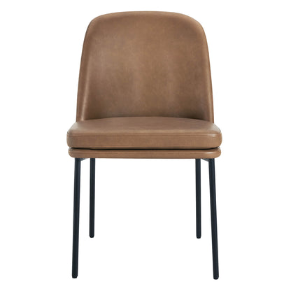 Golda Dining Chair, brown leather with black metal legs, front view on a white background.