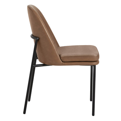 Golda Dining Chair, brown leather with black metal legs, side view on a white background.