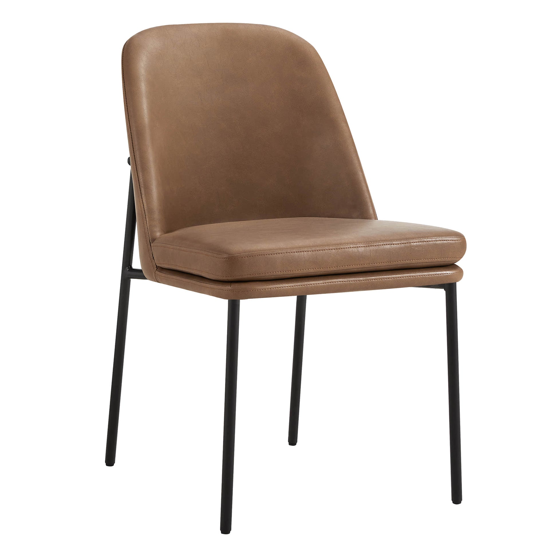 Golda Dining Chair, brown leather with black metal legs, angled view on a white background.
