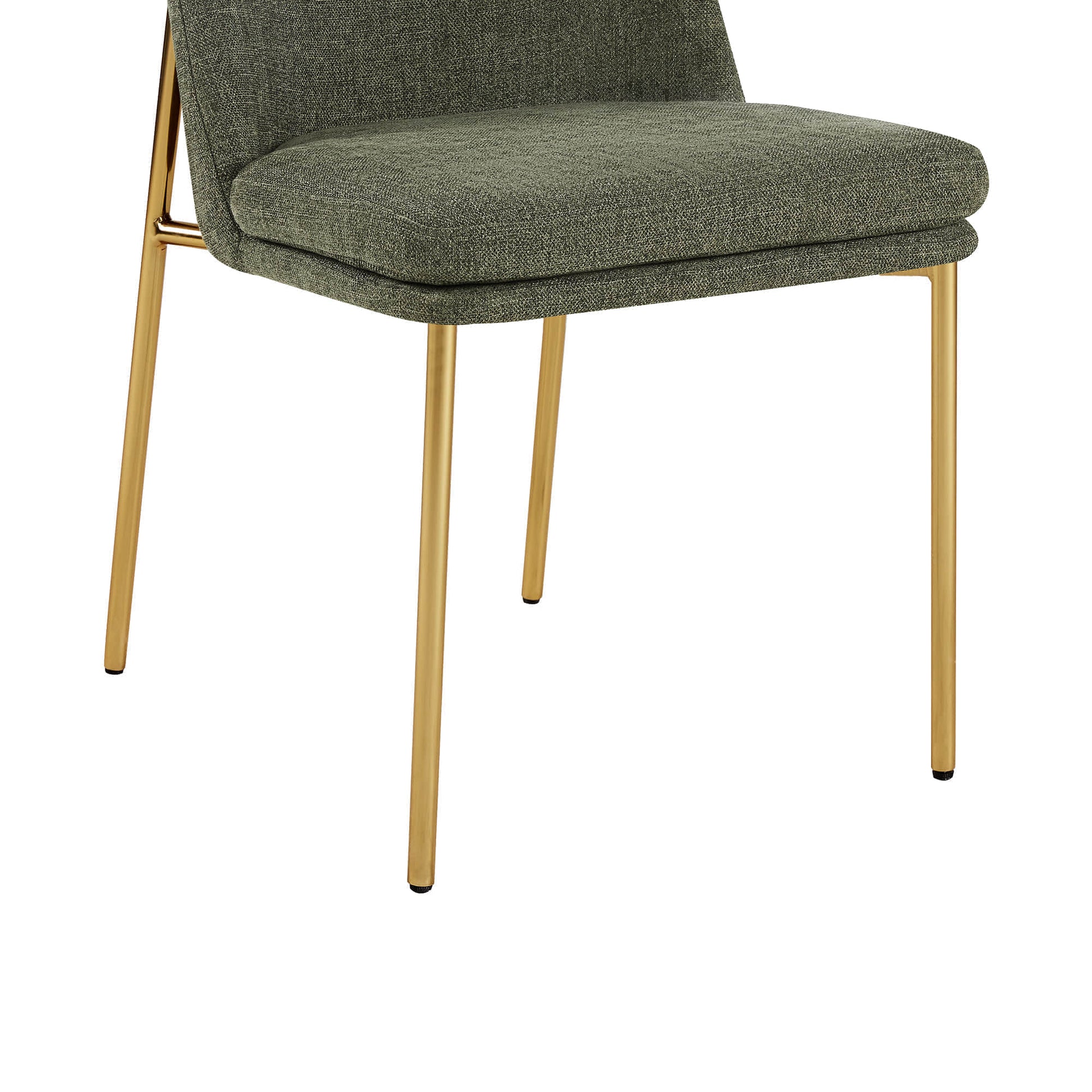 Golda Dining Chair, green fabric with gold legs, close-up of seat and front legs.