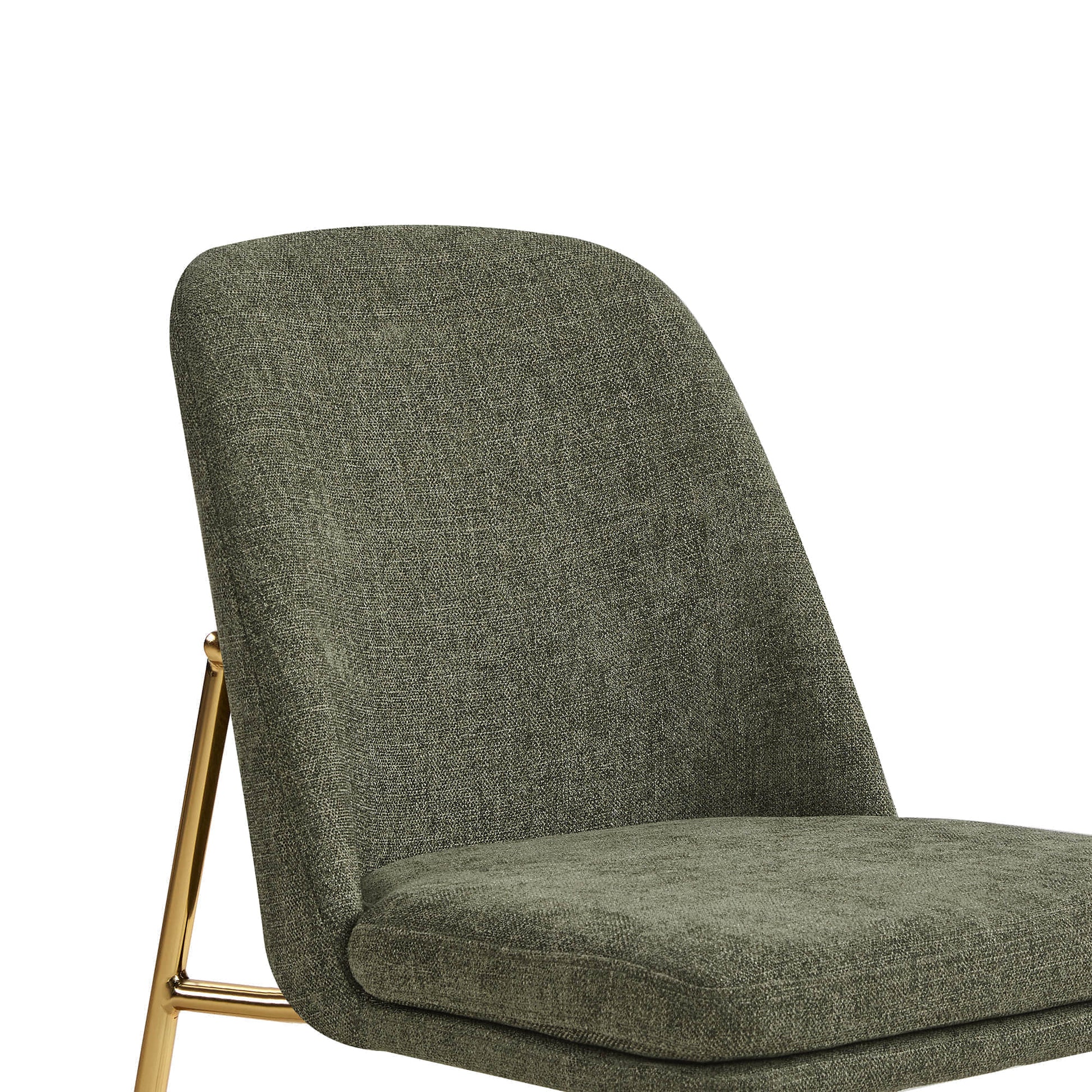 Golda Dining Chair, green fabric with gold legs, close-up of backrest and seat.