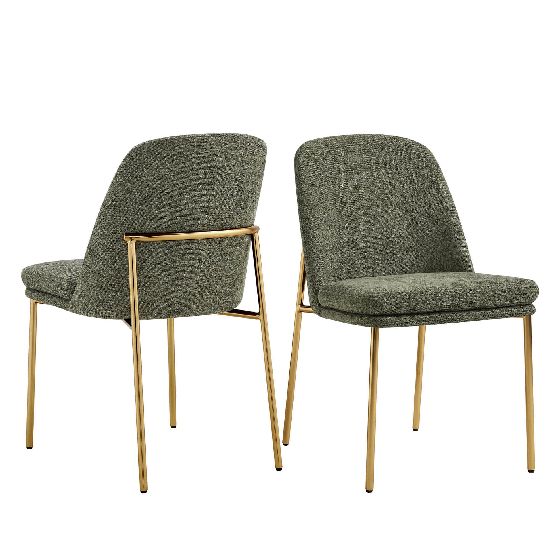 Golda Dining Chair, green fabric with gold legs, pair of chairs with one facing forward and one backward.