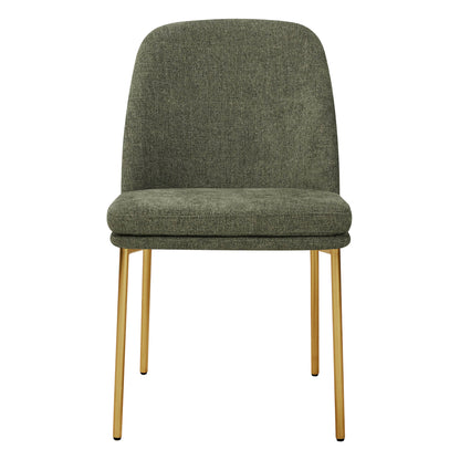 Golda Dining Chair, green fabric with gold legs, front view on a white background.