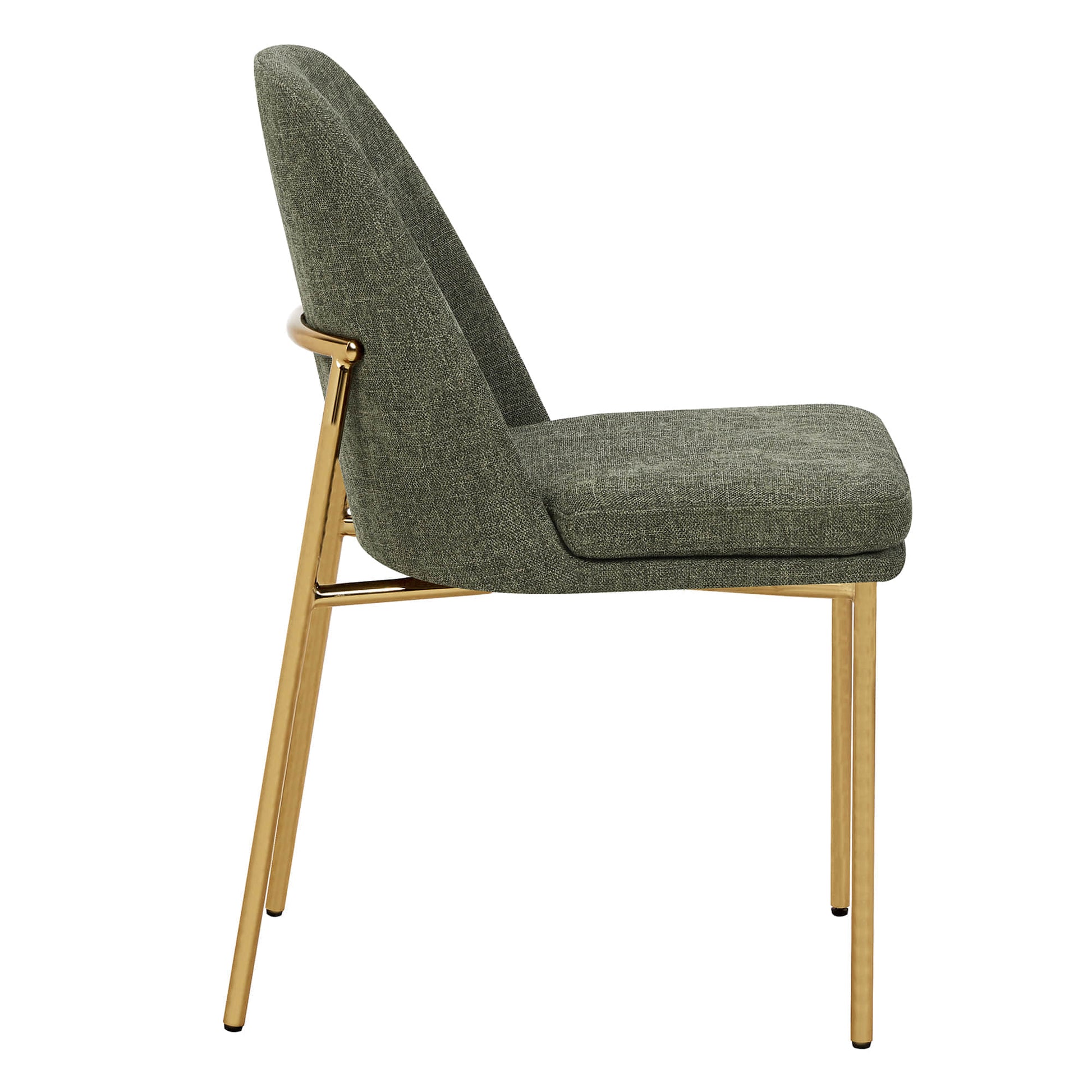 Golda Dining Chair, green fabric with gold legs, side view on a white background.