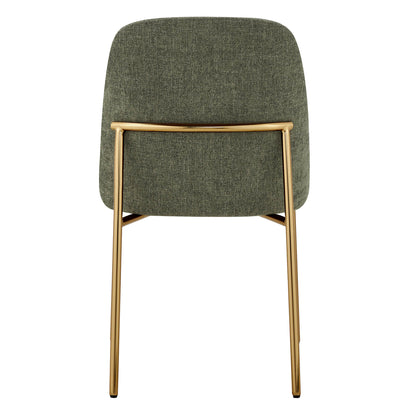 Golda Dining Chair, green fabric with gold legs, rear view on a white background.