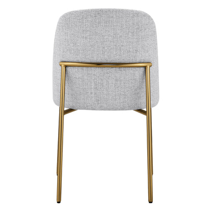 Golda Dining Chair, light gray fabric with gold legs, back view on a white background.