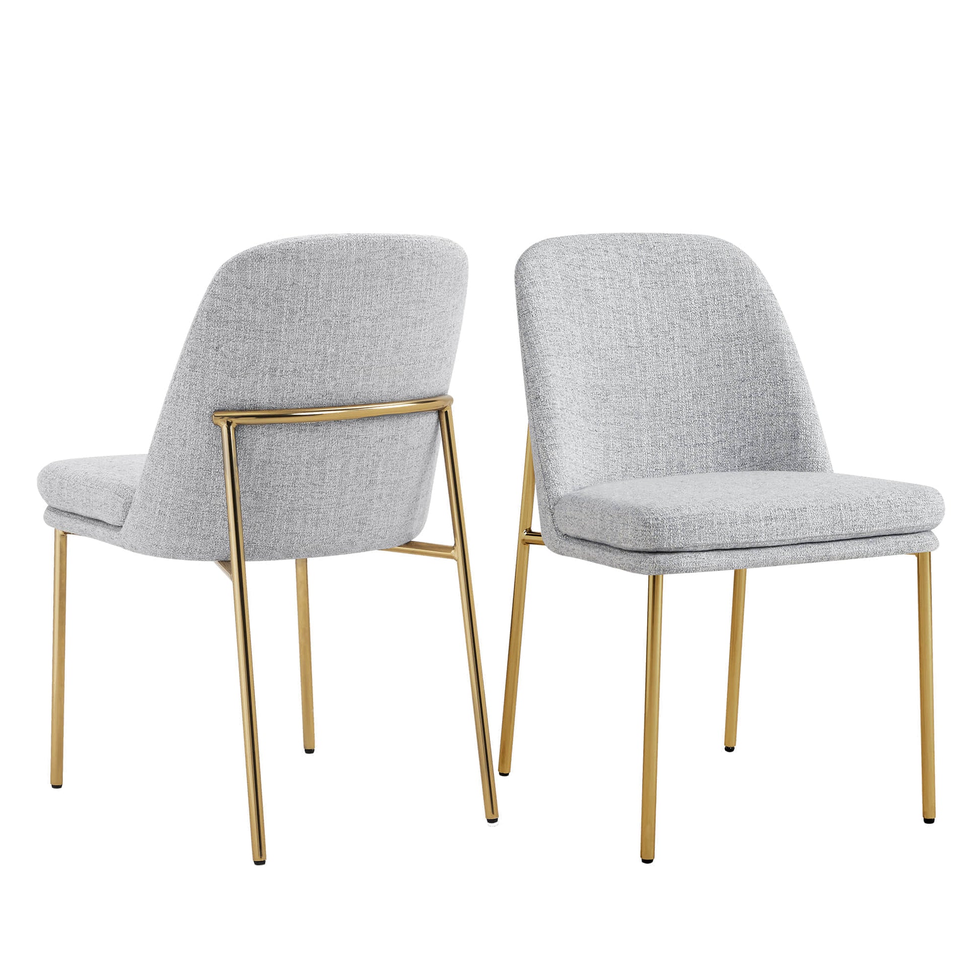 Golda Dining Chair, light gray fabric with gold legs, pair view with one chair facing forward and one backward.