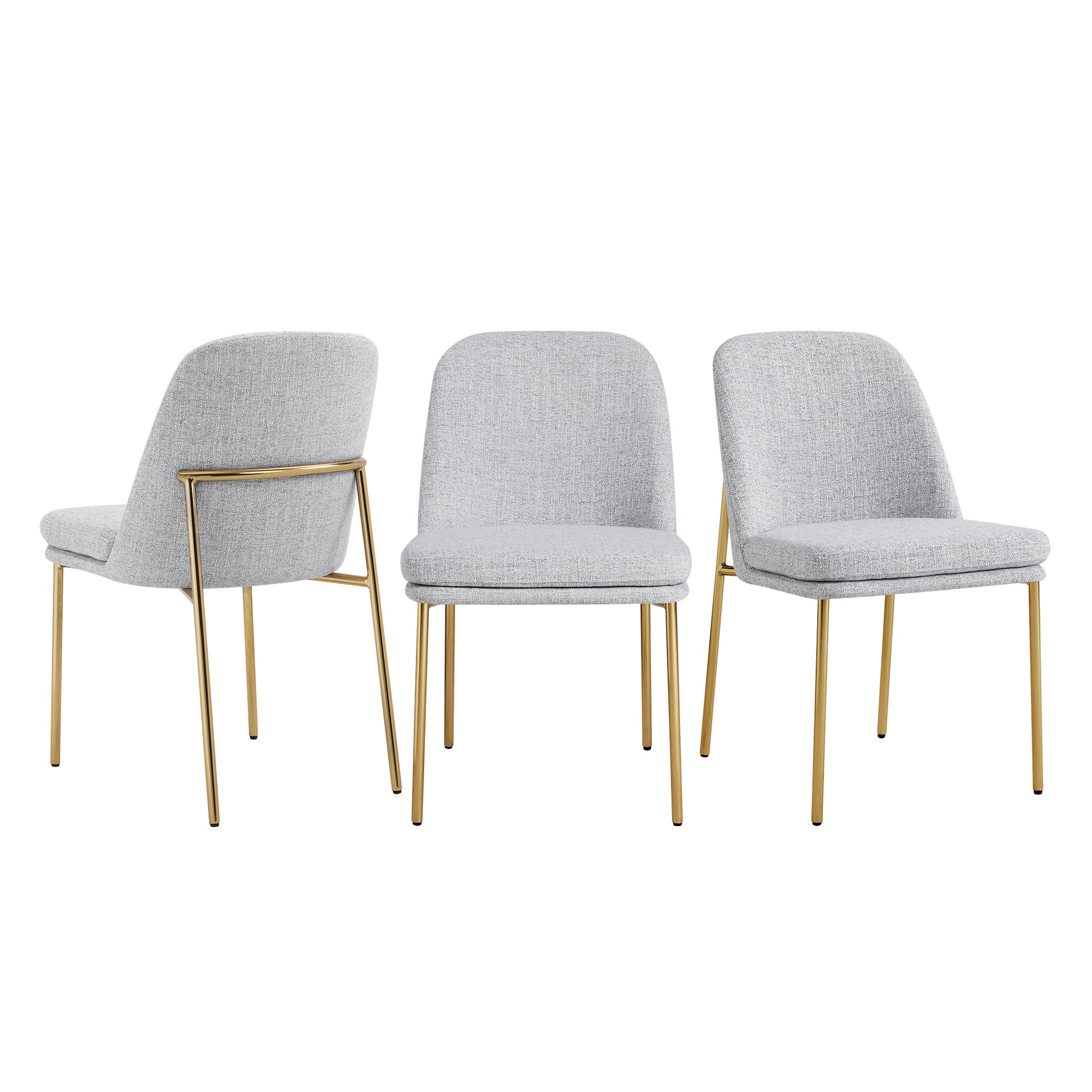 Golda Dining Chair, light gray fabric with gold legs, three chairs in a row, side and back views.