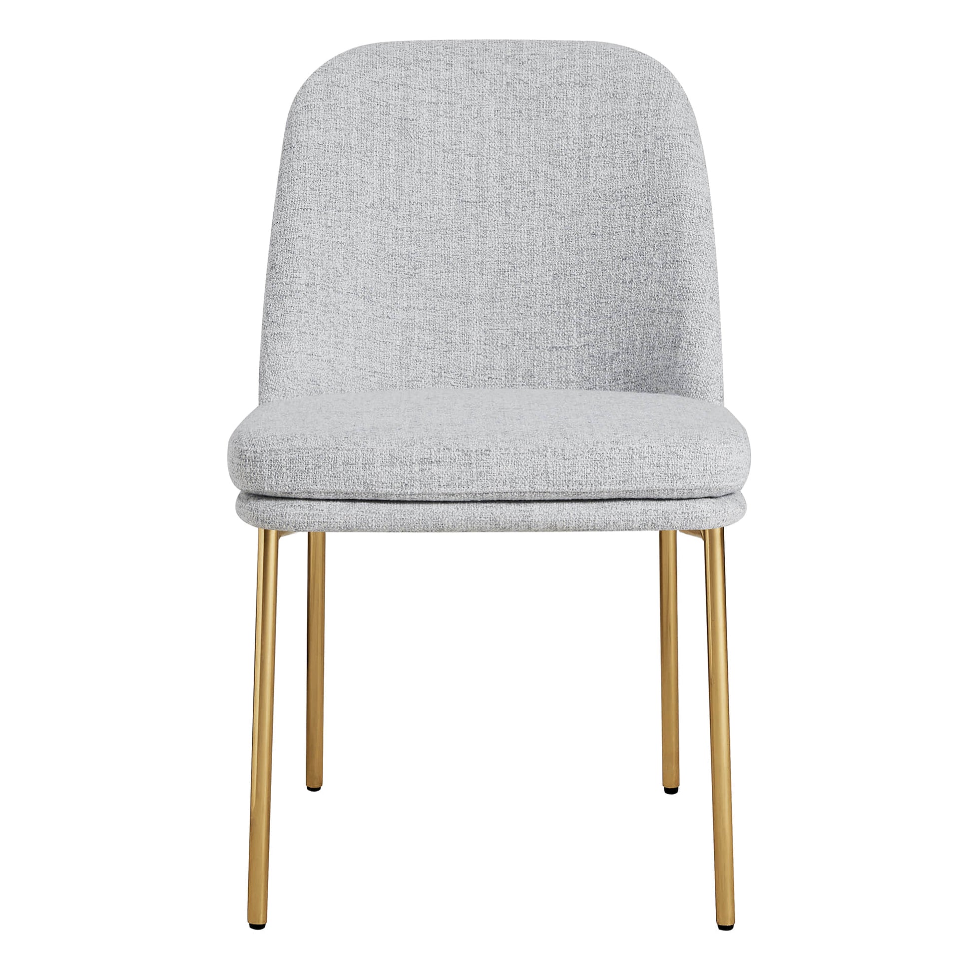 Golda Dining Chair, light gray fabric with gold legs, front view on a white background.