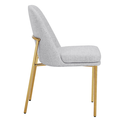 Golda Dining Chair, light gray fabric with gold legs, side view on a white background.