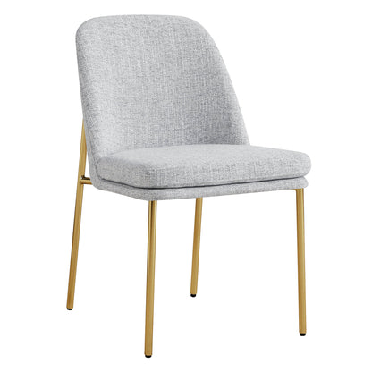 Golda Dining Chair, light gray fabric with gold legs, angled view on a white background.