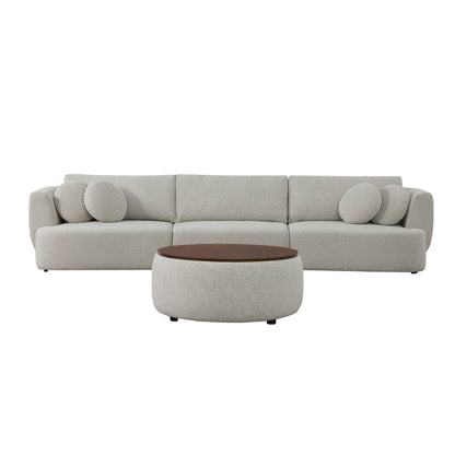 Grace 3-Seat Modular Curved Sofa in light boucle fabric with round cushions and walnut ottoman - CHITA Living