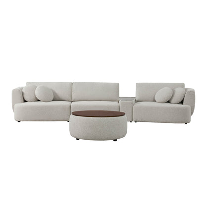 Grace 3-Seat Modular Curved Sofa in light boucle with round cushions and walnut ottoman - CHITA Living