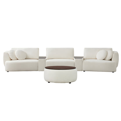 Grace 3-Seat Modular Curved Sofa in light boucle fabric with round cushions and walnut ottoman.