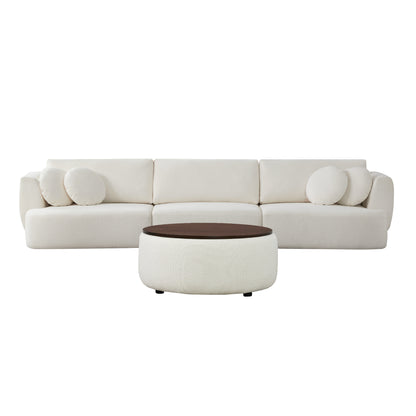 Grace 3-Seat Modular Curved Sofa in light boucle fabric with round cushions and walnut ottoman - CHITA Living