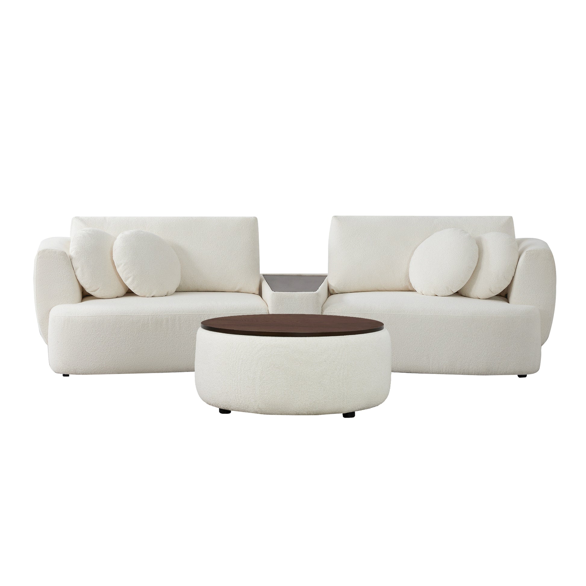 Grace 2-seat modular white sofa with round cushions and walnut veneer ottoman in bright room - CHITA Living