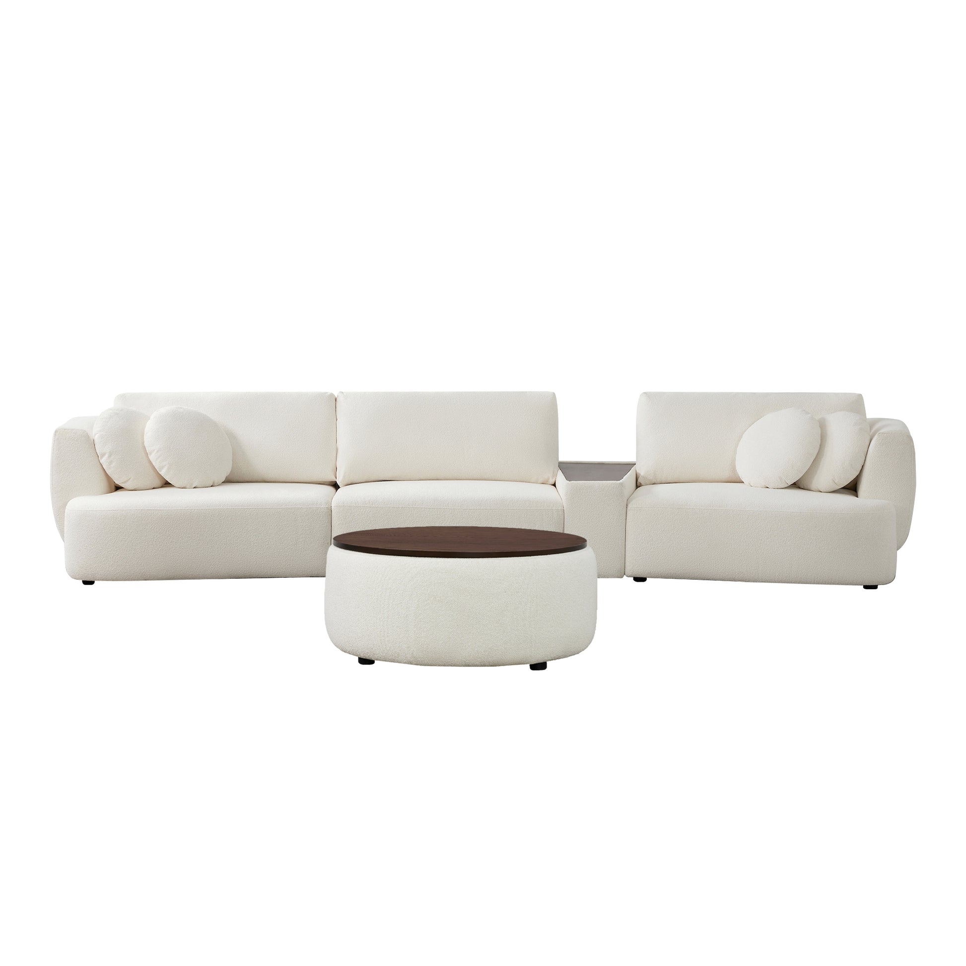 Grace 3-Seat Modular Curved Sofa with round cushions in light boucle fabric and walnut ottoman.