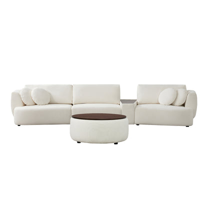 Grace 3-Seat Modular Curved Sofa with round cushions in light boucle fabric and walnut ottoman - CHITA Living