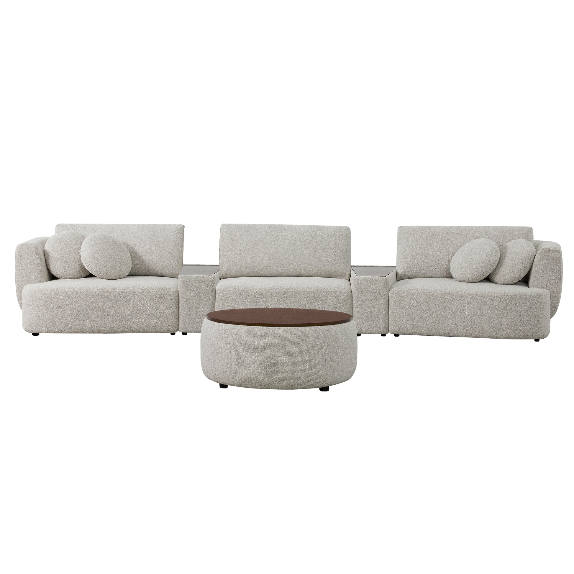 Grace 3-Seat Modular Curved Sofa in light boucle fabric with round cushions in modern living room - CHITA Living