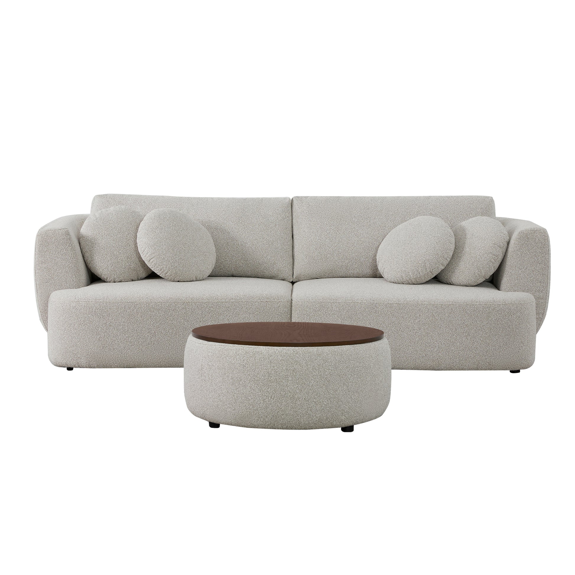 Light gray Grace 2-seat modular curved sofa with round cushions and walnut ottoman in bright room - CHITA Living