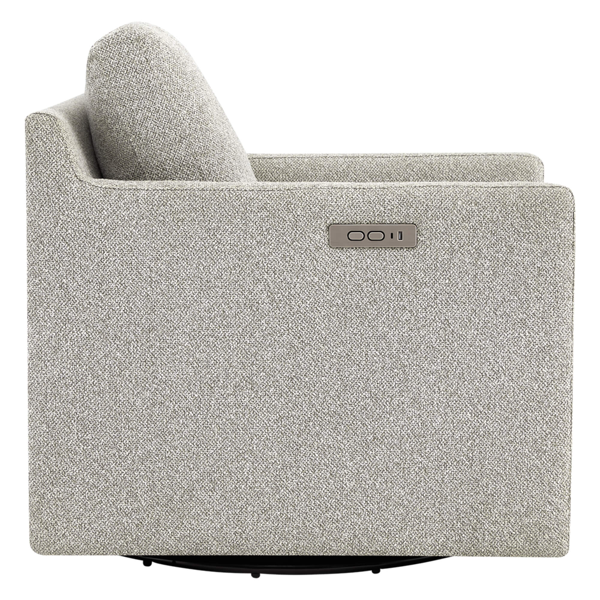 Henry Power Swivel Recliner chair in light gray fabric, side view with control panel.