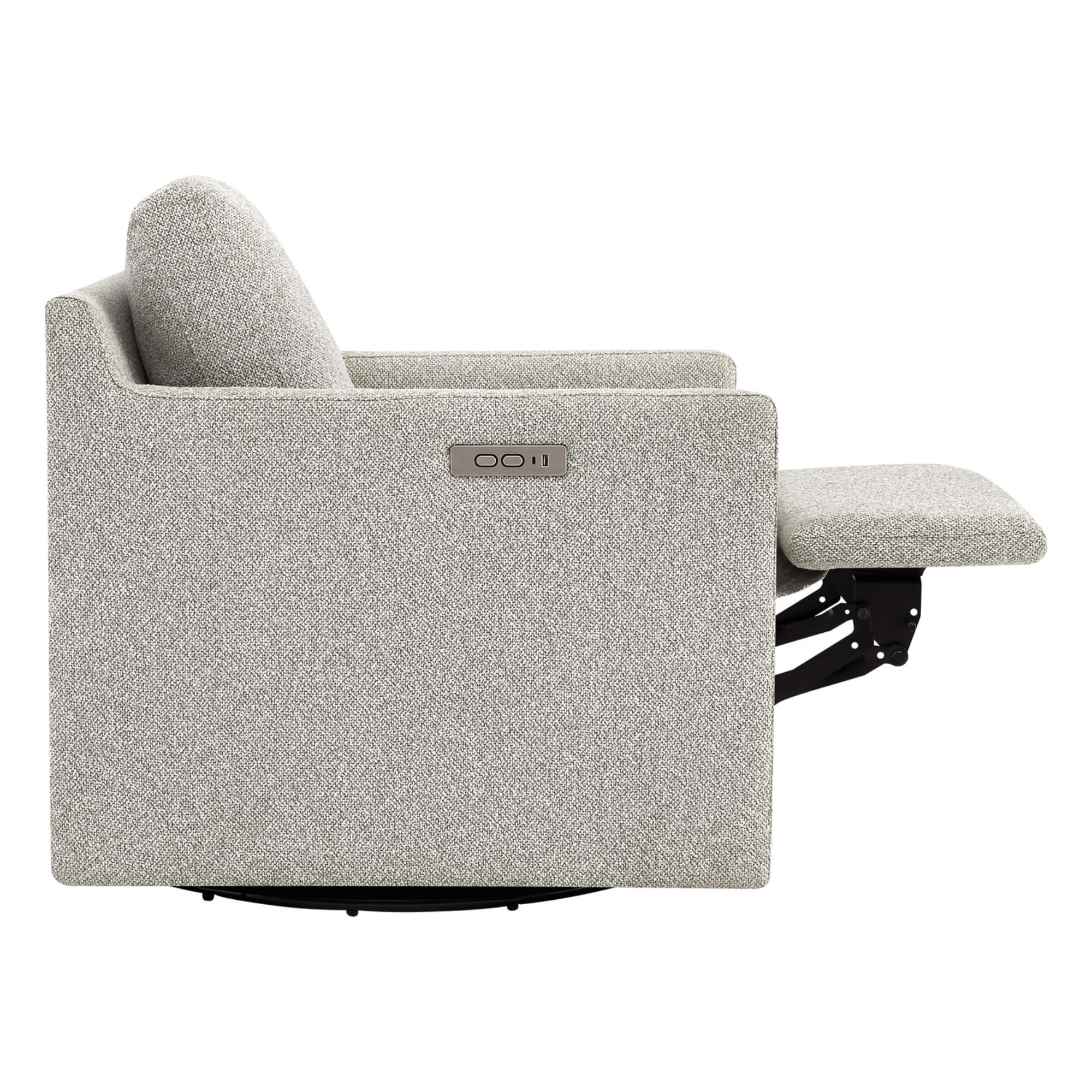 Henry Power Swivel Recliner chair in light gray fabric, side view with reclined footrest.