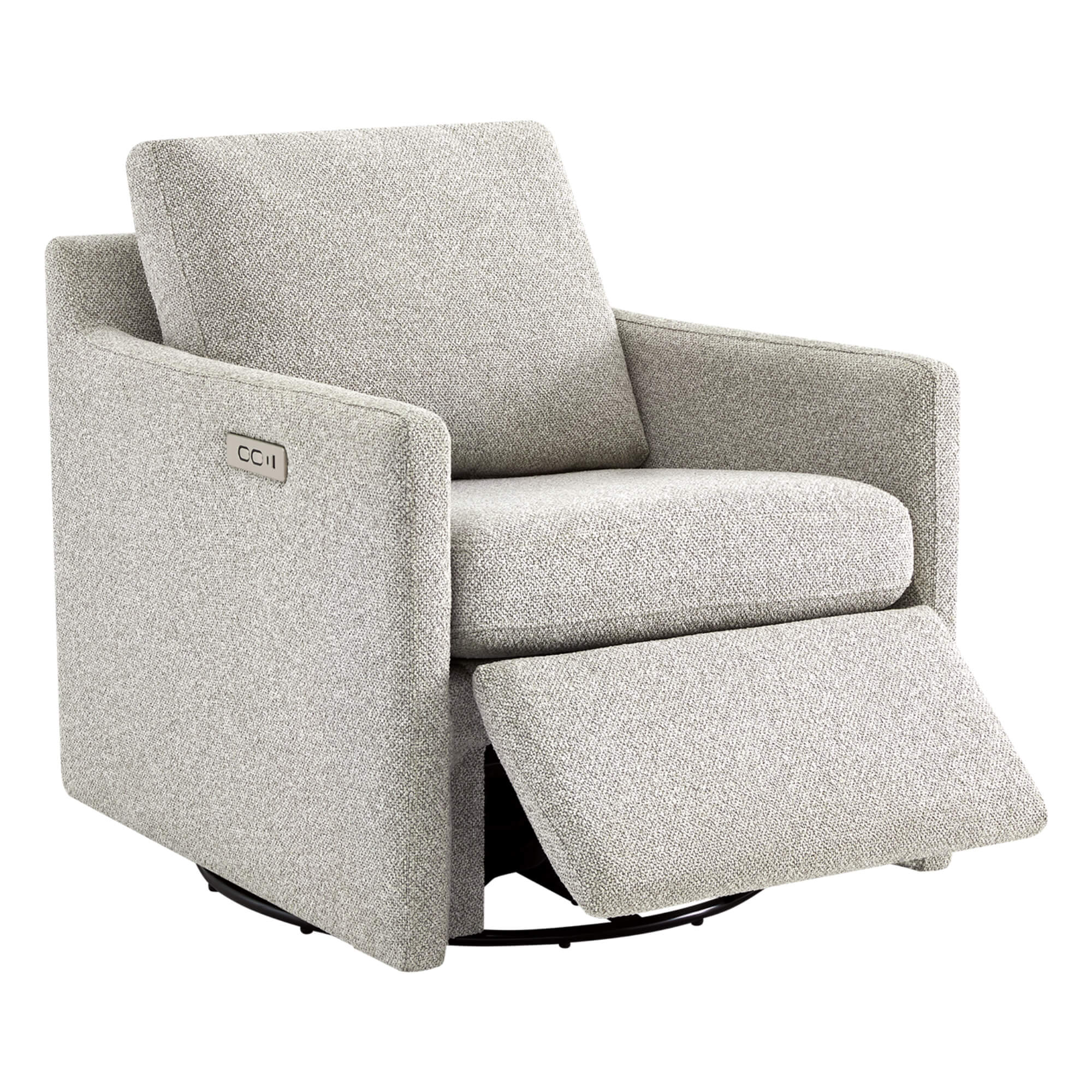 Henry Power Swivel Recliner in light gray fabric, footrest extended.