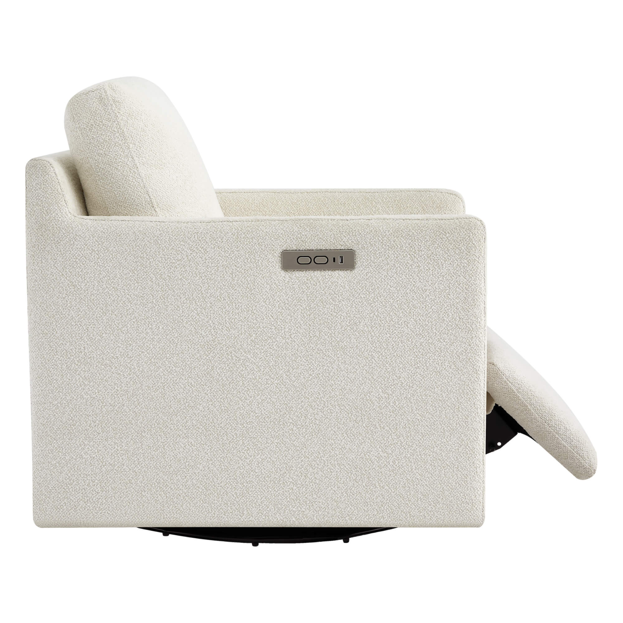 Henry Power Swivel Recliner in light beige fabric, footrest extended.