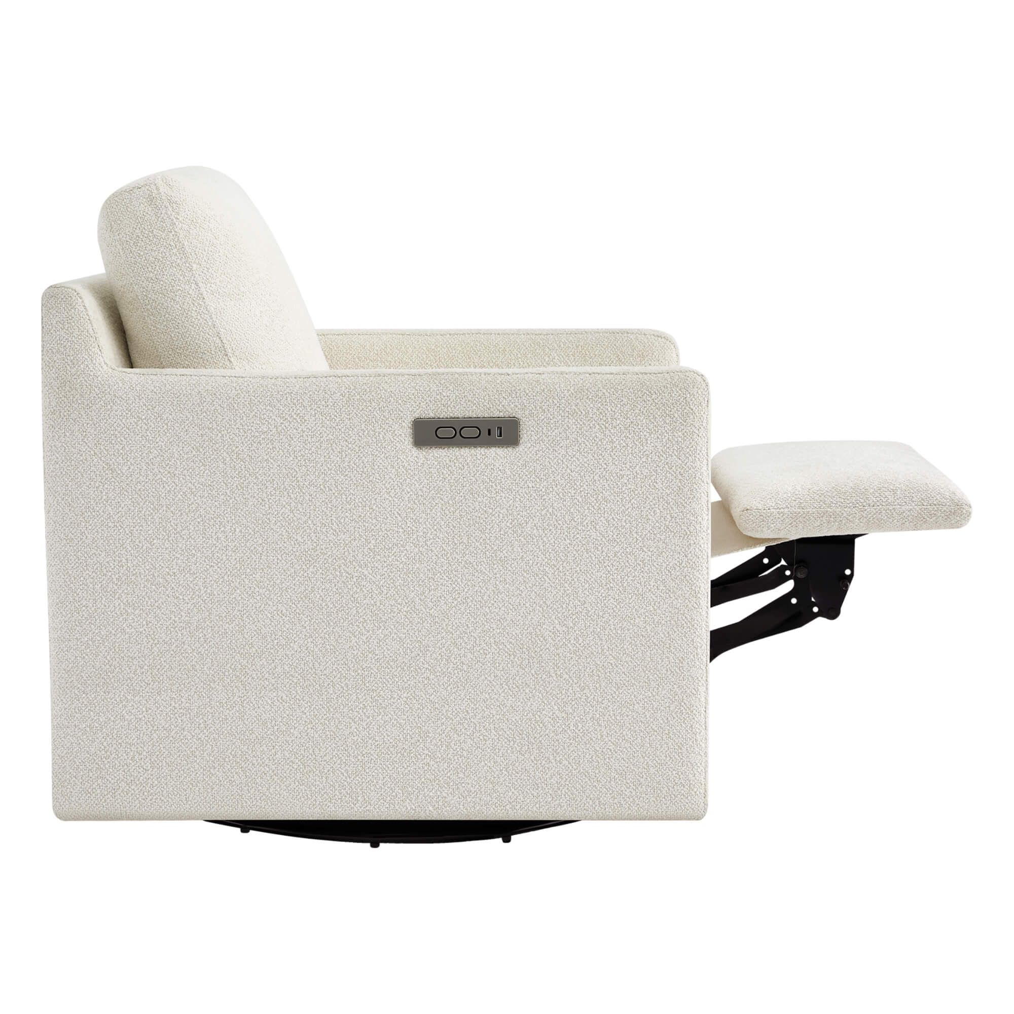 Henry Power Swivel Recliner in light beige fabric, showcasing the extended footrest