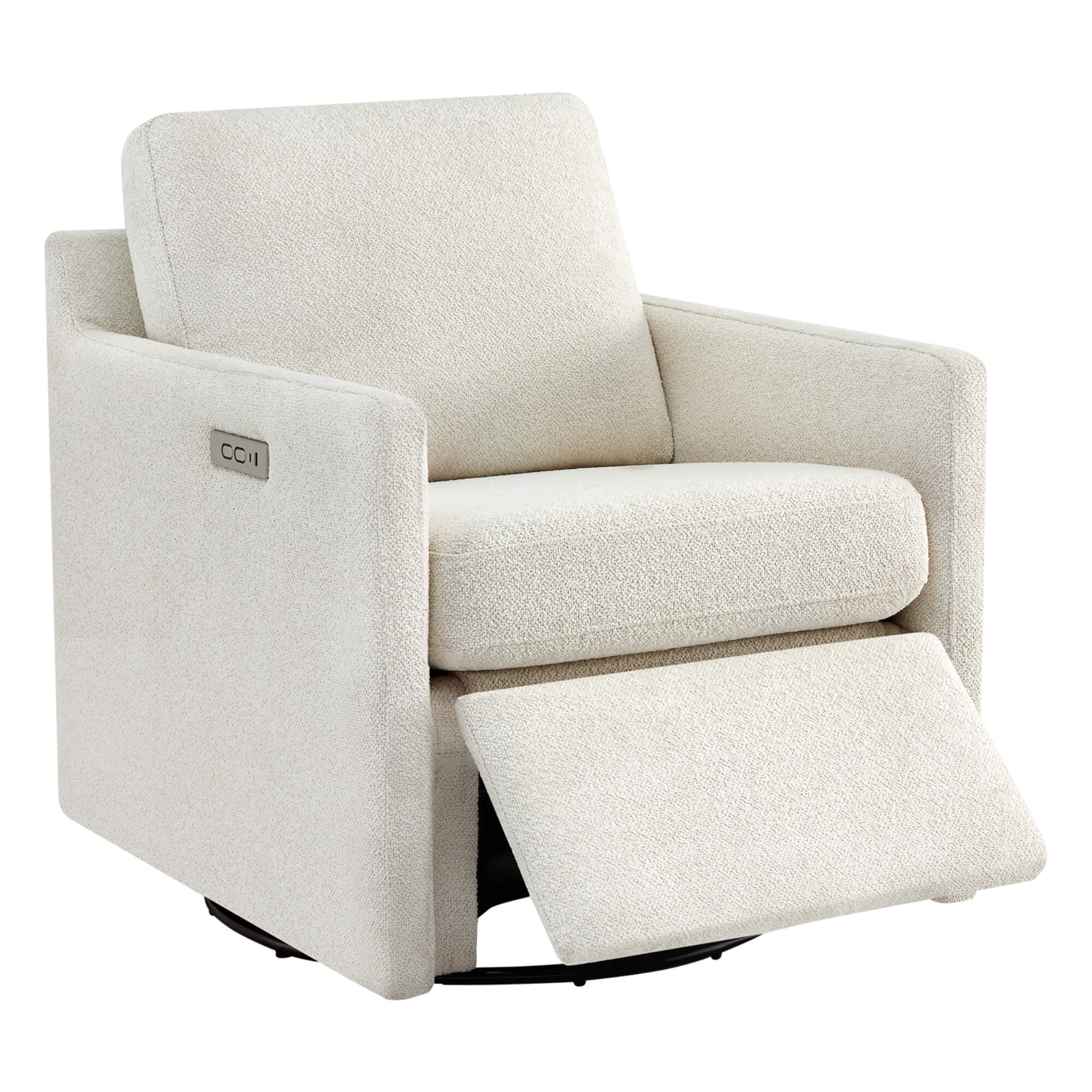 Henry Power Swivel Recliner in light beige fabric, footrest extended.