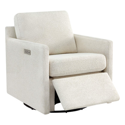Henry Power Swivel Recliner in light beige fabric, footrest extended.