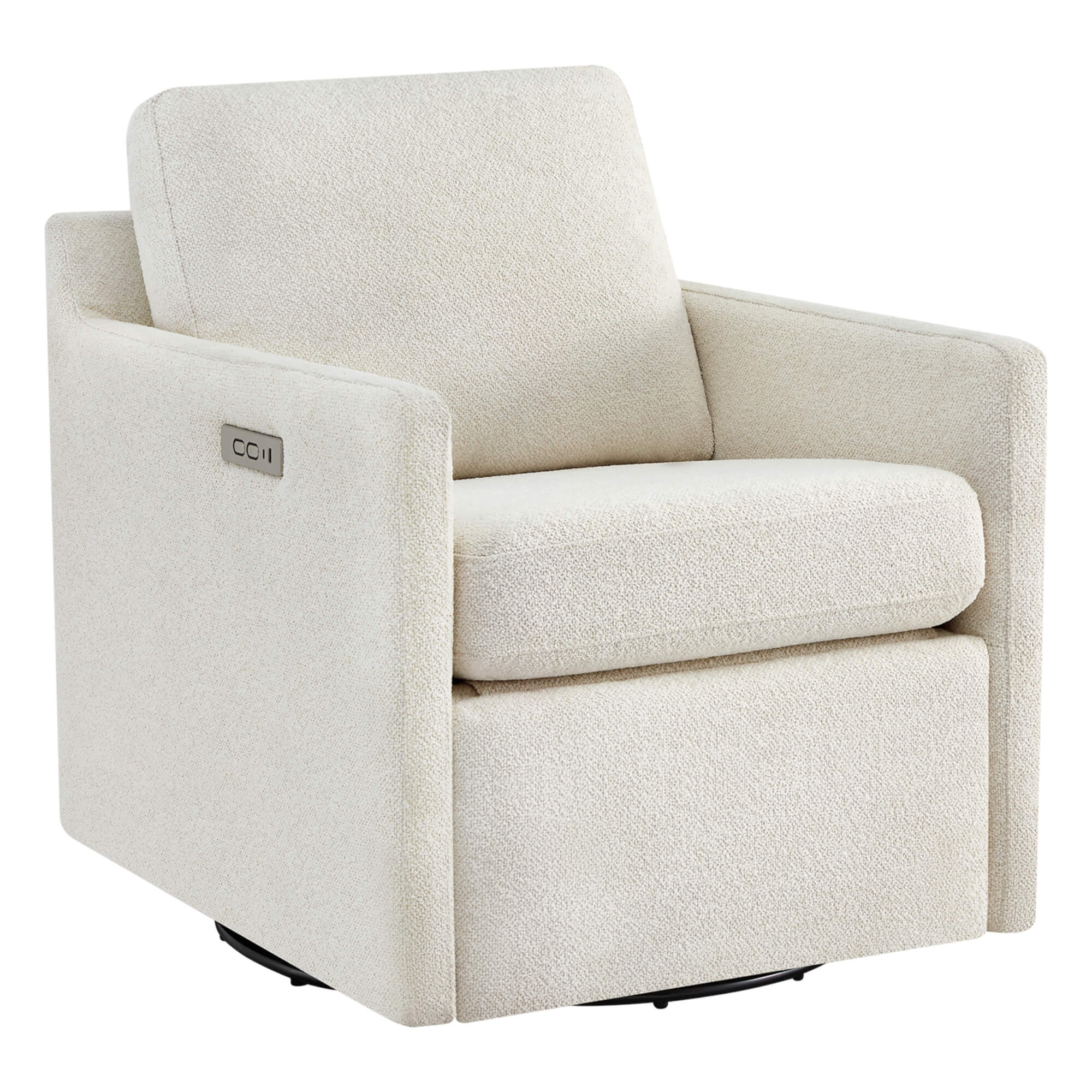 Henry Power Swivel Recliner in light beige fabric, close-up view of armrest and seat.