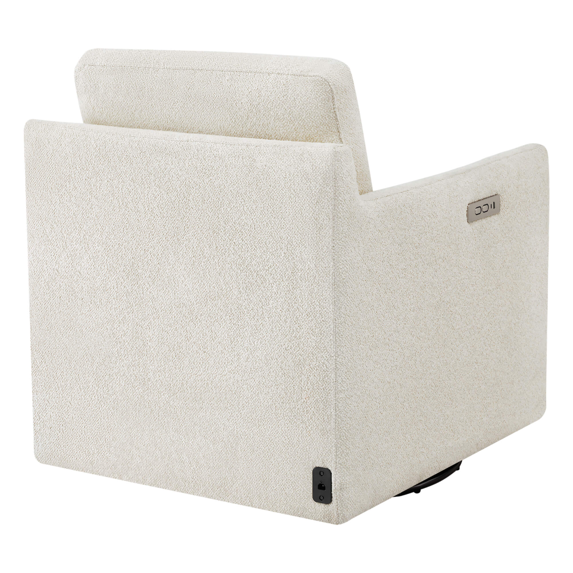 Henry Power Swivel Recliner in light beige fabric, side view with control panel.