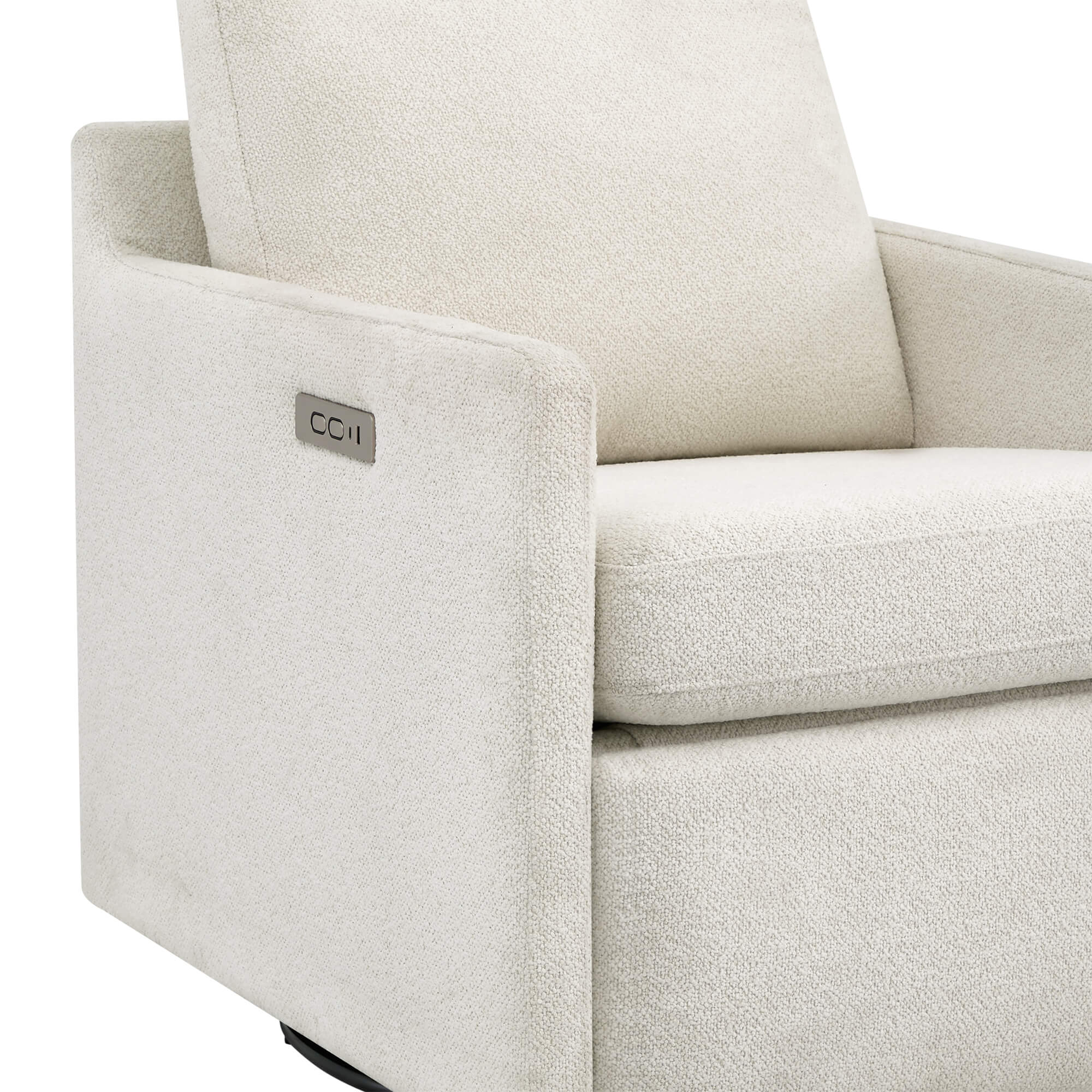 Henry Power Swivel Recliner in light beige fabric, close-up view of armrest and seat.