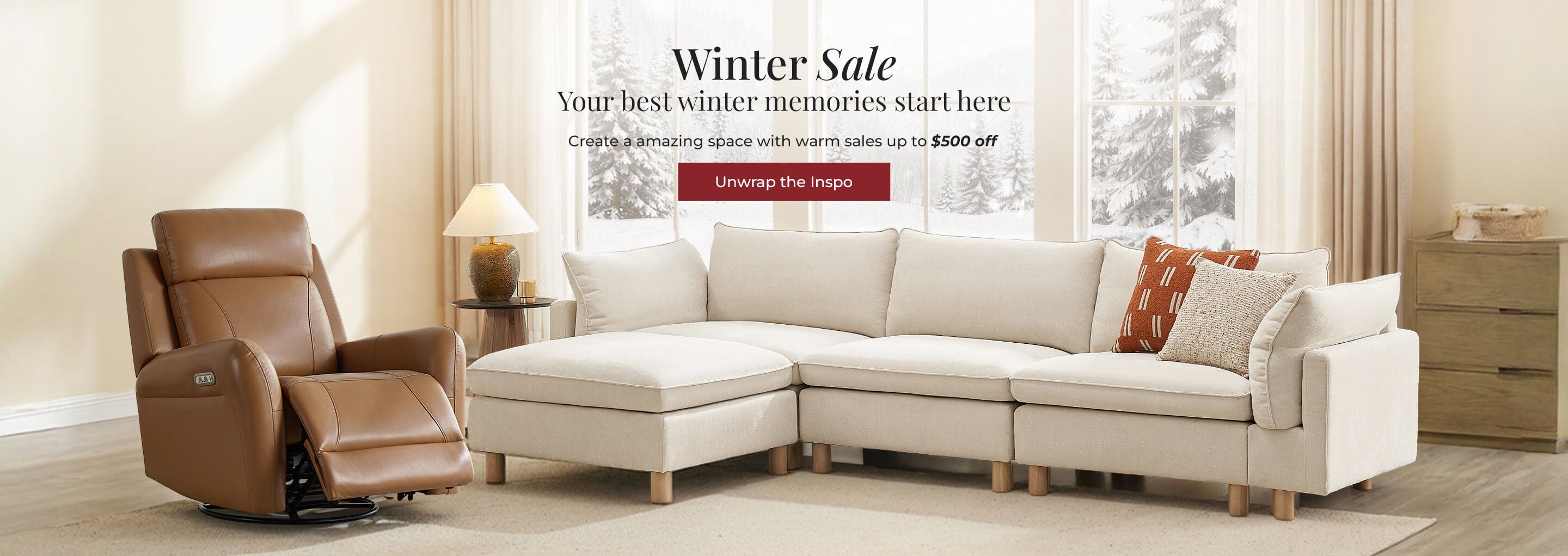 Living room with a beige sectional sofa, coffee table, and decorative items. Ad with 'New Year, New Way to Live' and $300 off offer.