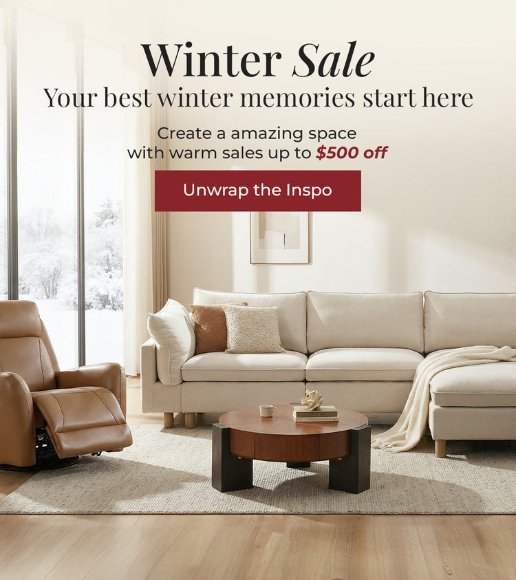 Living room with a couch, coffee table, and decorative items, featuring a promotional message for furniture sale.