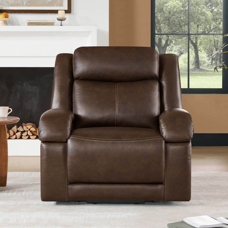 Isaac brown genuine leather power lift recliner with dual motor and massage features for elderly comfort.
