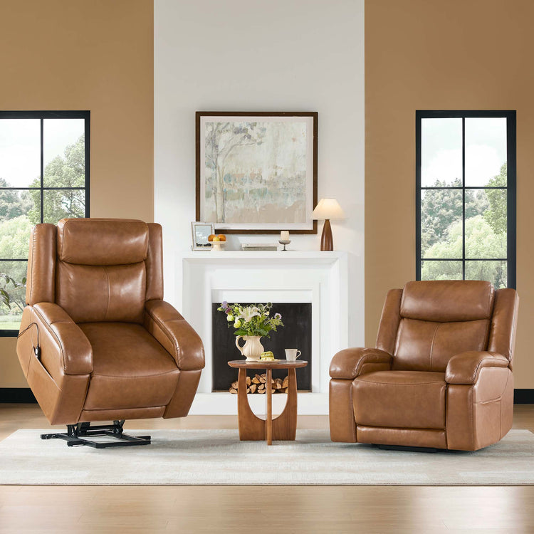 CHITA Isaac genuine leather power lift recliners with massage and heat features in modern living room setting.