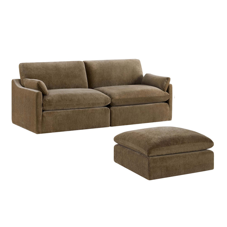 Kenna 3-Seat Modular Sofa in earth-toned fabric, with ottoman. Modern, deep seating and comfortable living room furniture.
