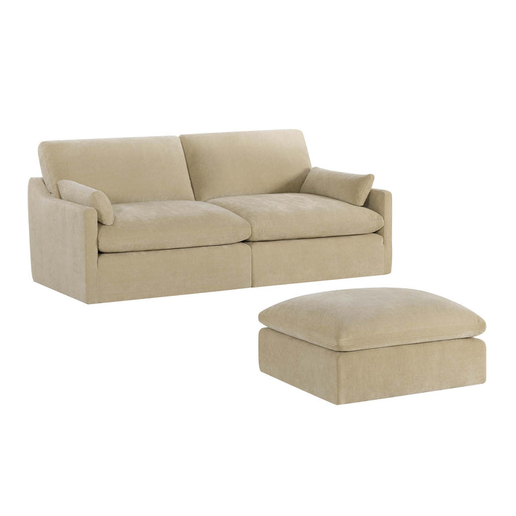 Beige Kenna 3-Seat Modular Sofa and Ottoman. Modern living room furniture, comfortable seating, and deep seat cushions.