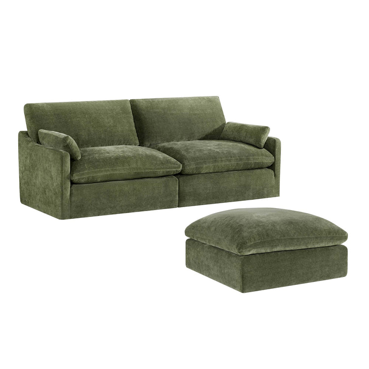 Kenna 3-Seat Modular Sofa in green fabric and ottoman, modern and comfortable living room furniture.