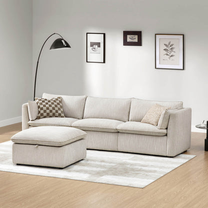 Sophia white modular sofa with textured cushions and storage ottoman in modern living room - CHITA Living