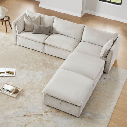 Sophia 5-piece feather modular sofa with light beige cushions in airy living room.