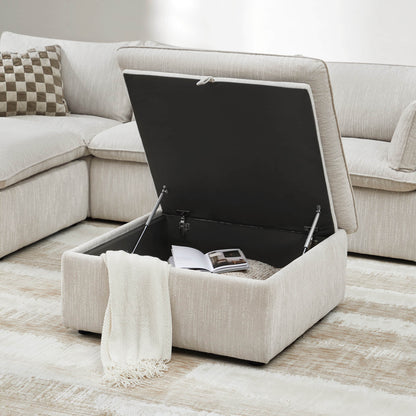 White storage ottoman with plush top and hidden storage in contemporary living room - CHITA Living