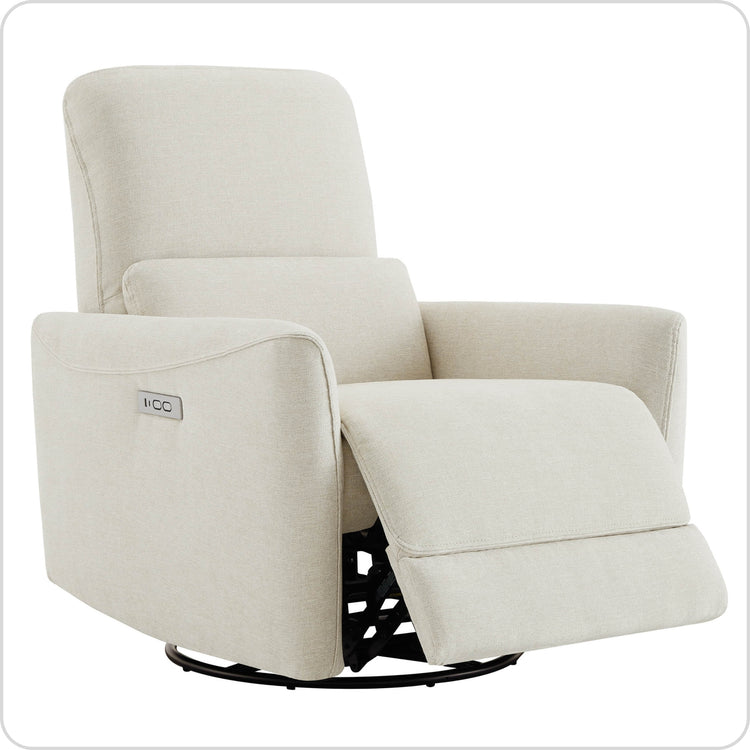 A beige fabric recliner with a black base and extended footrest.