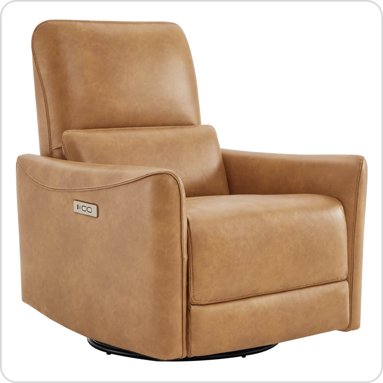 A tan leather recliner with a control panel on the armrest and a black swivel base.